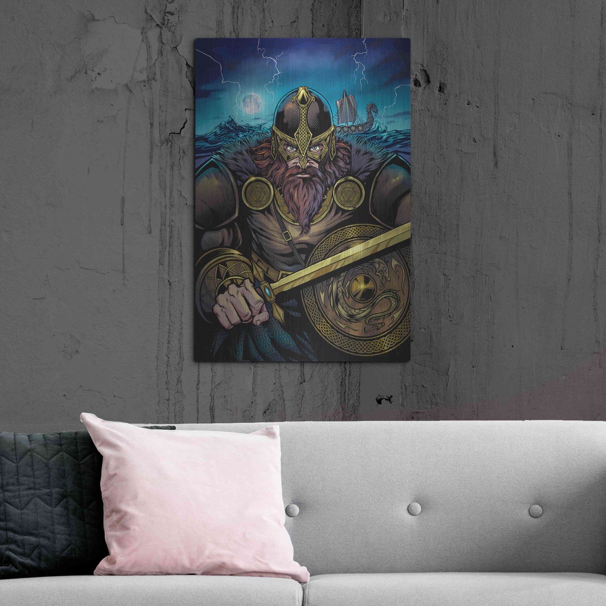 Luxe Metal Art 'Viking Sword and Shield Moonlight' by Flyland Designs, Metal Wall Art,24x36