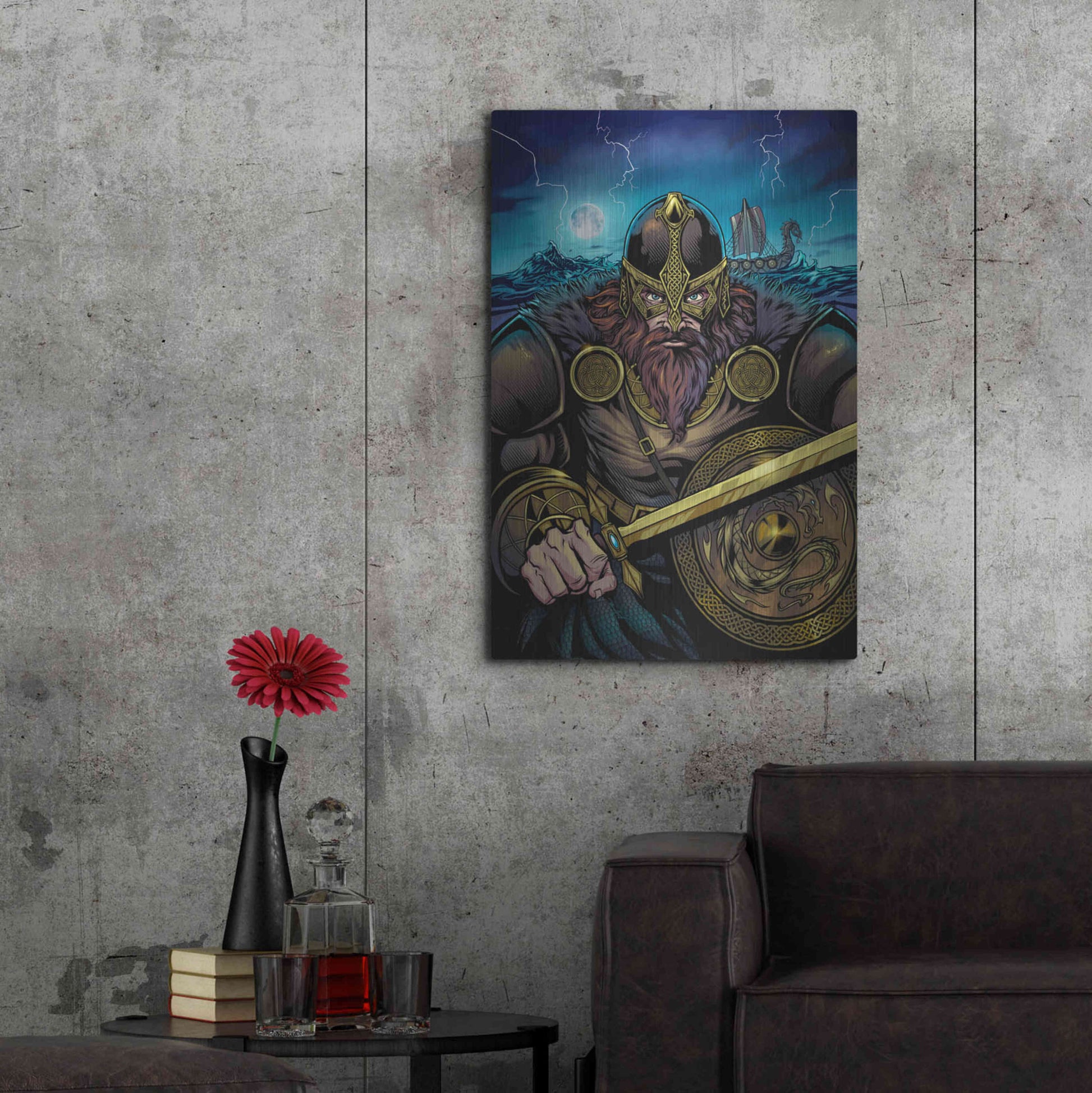 Luxe Metal Art 'Viking Sword and Shield Moonlight' by Flyland Designs, Metal Wall Art,24x36