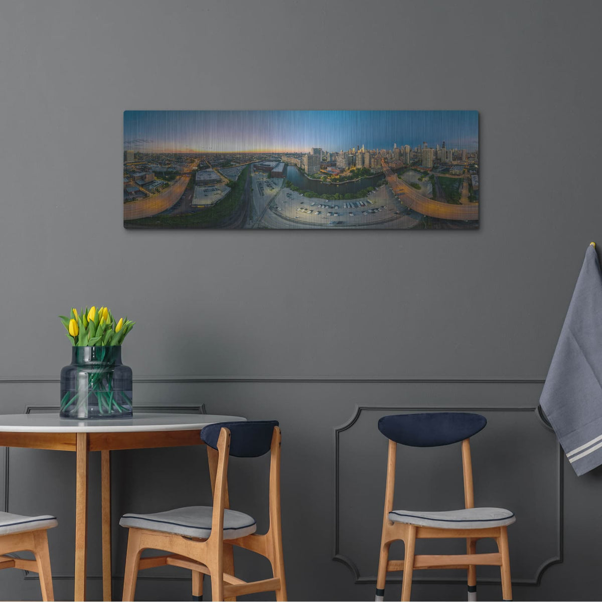 'Chicago Pano 21' by Luxe Portfolio – Metal Wall Art, 48x16 room view