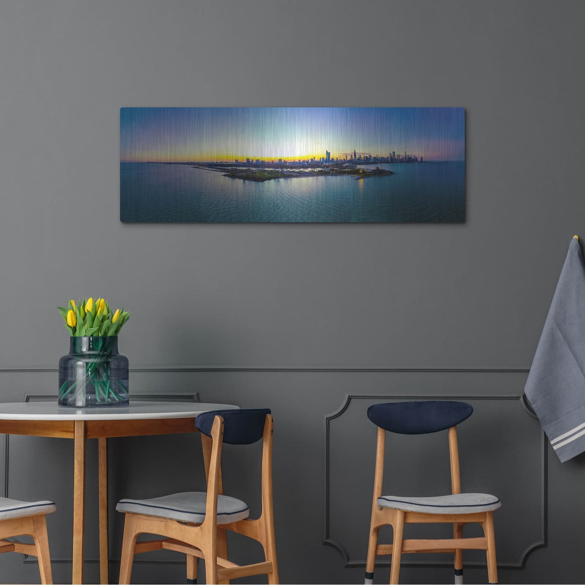 'Chicago - Planetarium Sunset' by Luxe Portfolio – Metal Wall Art, 48x16 room view