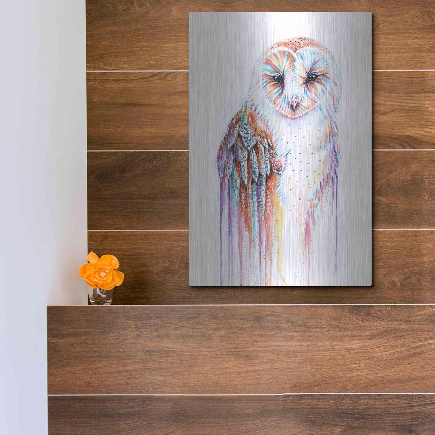 Luxe Metal Art 'Barred Rainbow Owl' by Michelle Faber, Metal Wall Art,12x16