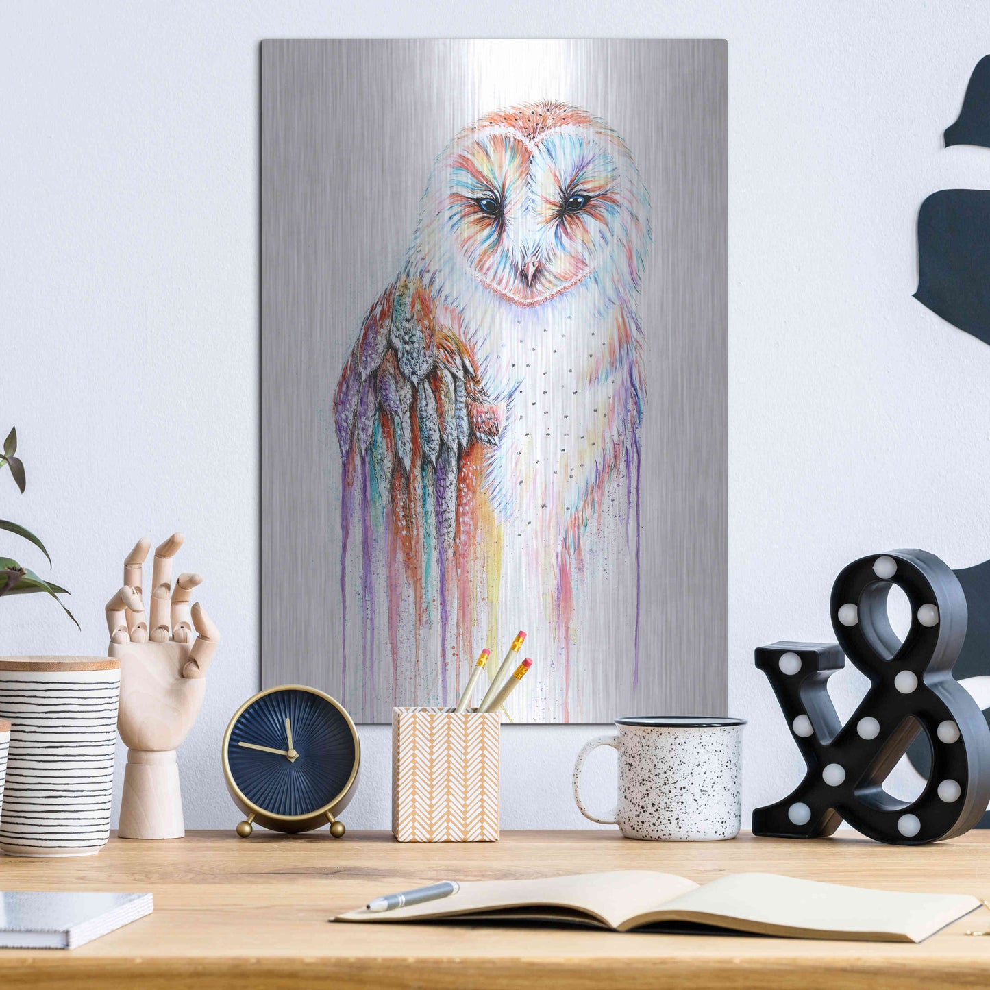 Luxe Metal Art 'Barred Rainbow Owl' by Michelle Faber, Metal Wall Art,12x16