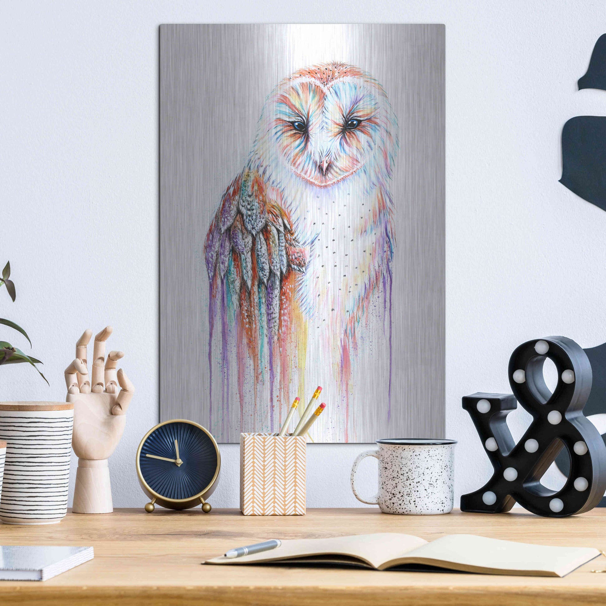 Luxe Metal Art 'Barred Rainbow Owl' by Michelle Faber, Metal Wall Art,12x16