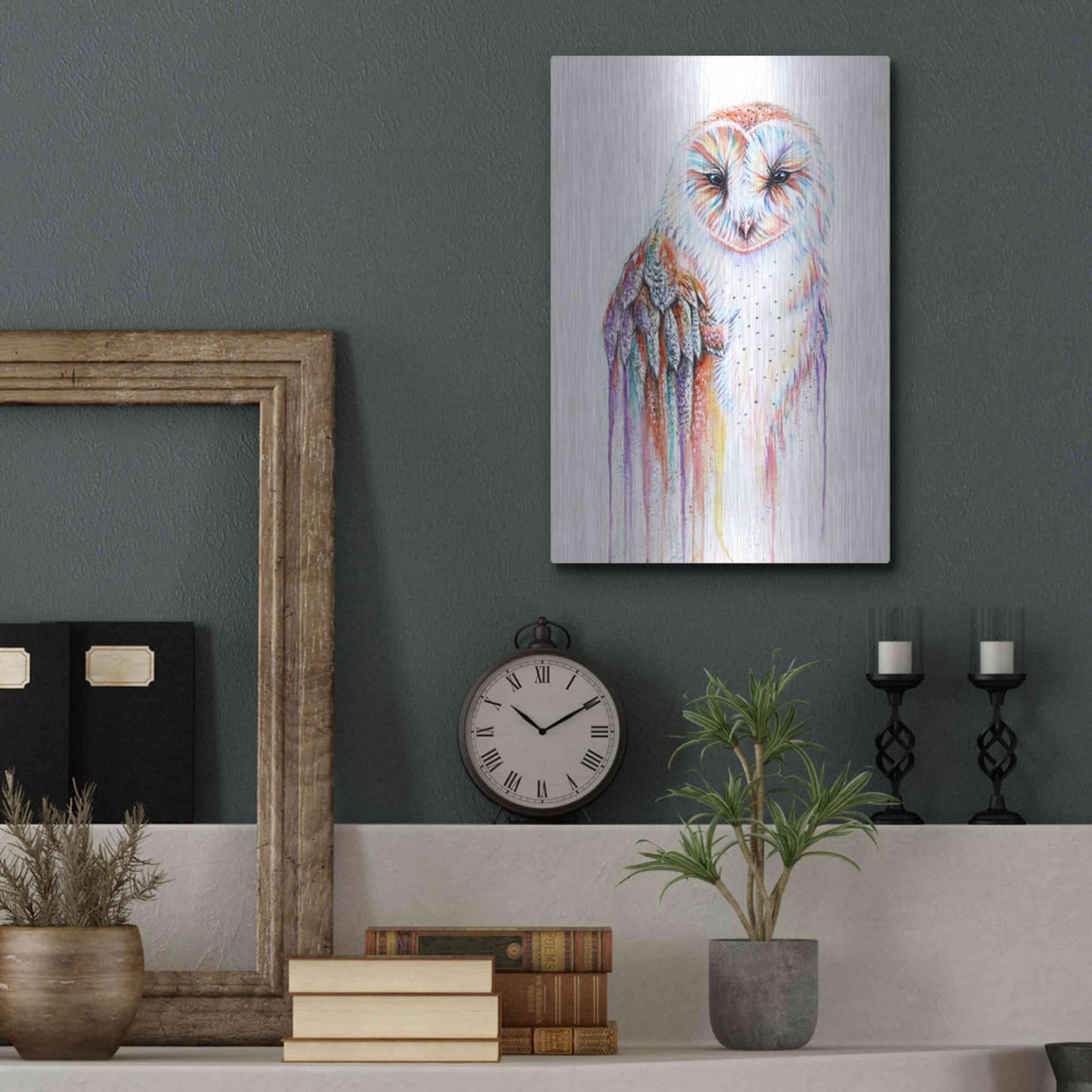 Luxe Metal Art 'Barred Rainbow Owl' by Michelle Faber, Metal Wall Art,12x16