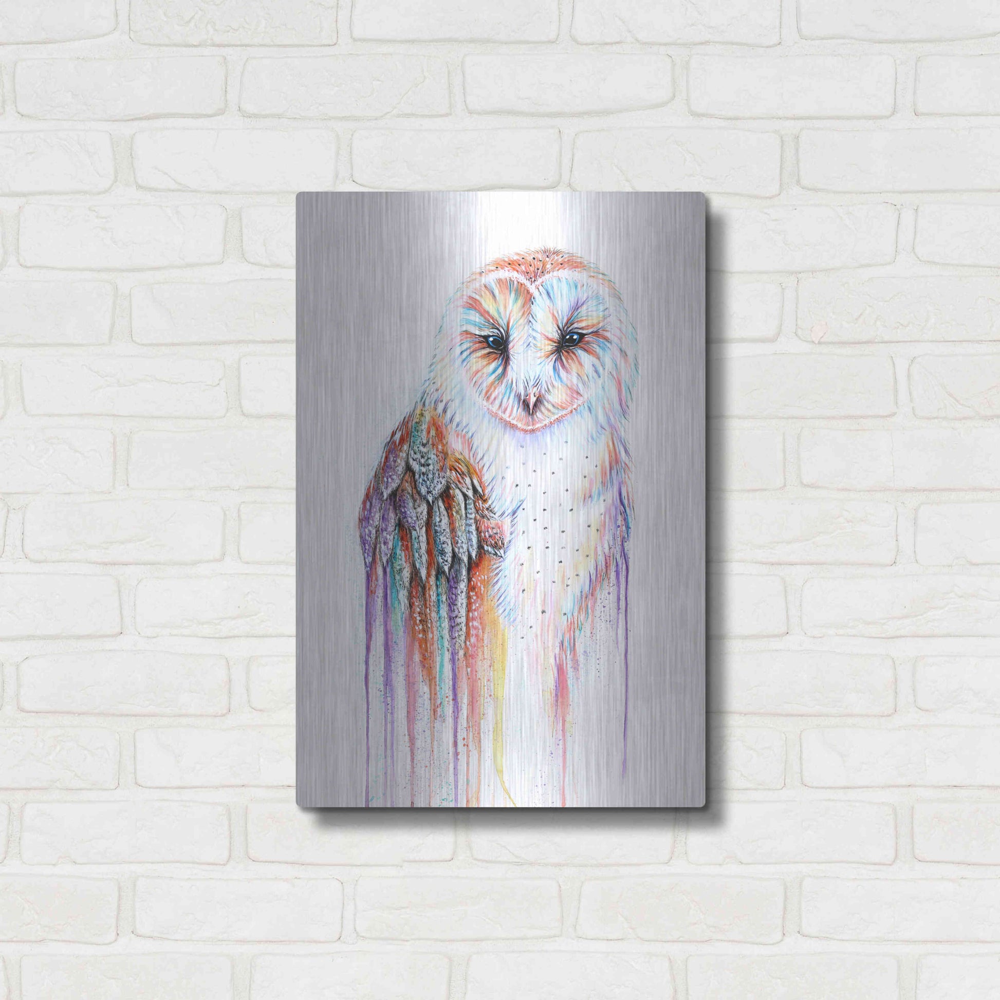 Luxe Metal Art 'Barred Rainbow Owl' by Michelle Faber, Metal Wall Art,16x24
