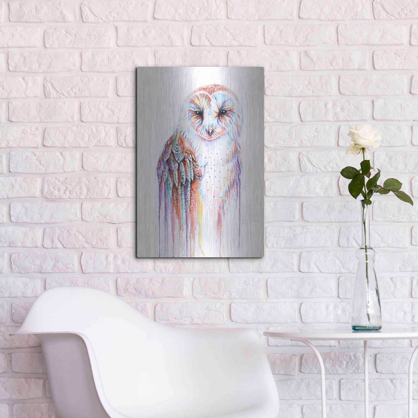 Luxe Metal Art 'Barred Rainbow Owl' by Michelle Faber, Metal Wall Art,16x24