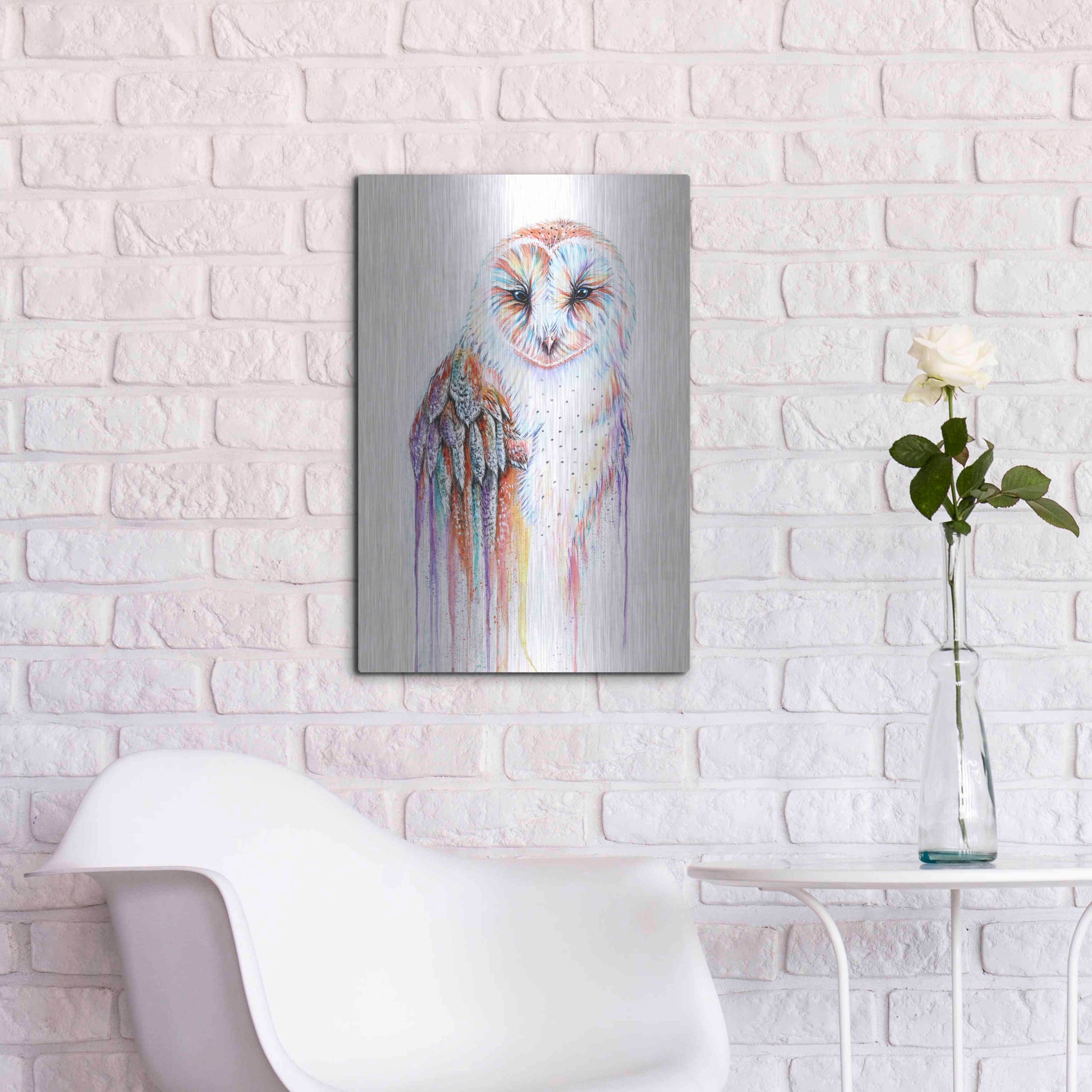 Luxe Metal Art 'Barred Rainbow Owl' by Michelle Faber, Metal Wall Art,16x24