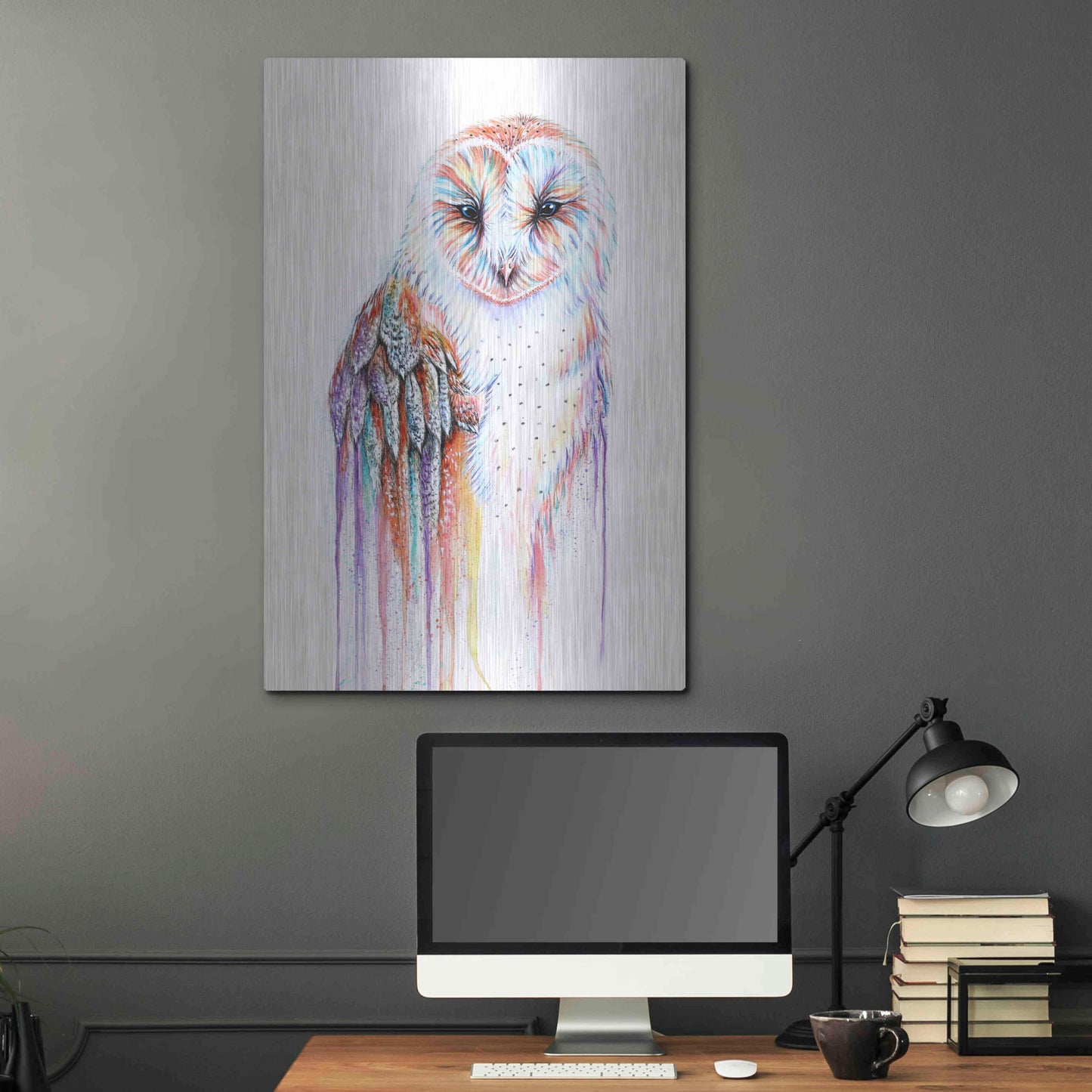 Luxe Metal Art 'Barred Rainbow Owl' by Michelle Faber, Metal Wall Art,24x36
