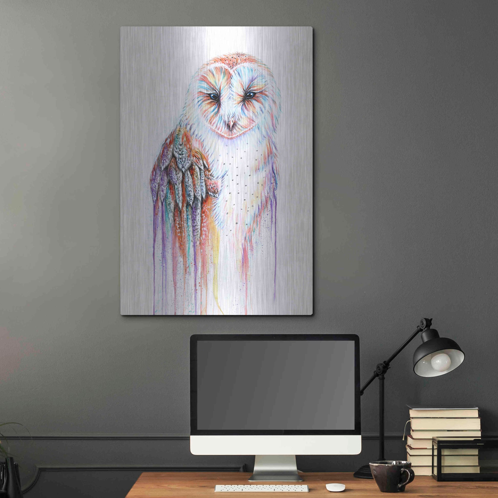 Luxe Metal Art 'Barred Rainbow Owl' by Michelle Faber, Metal Wall Art,24x36