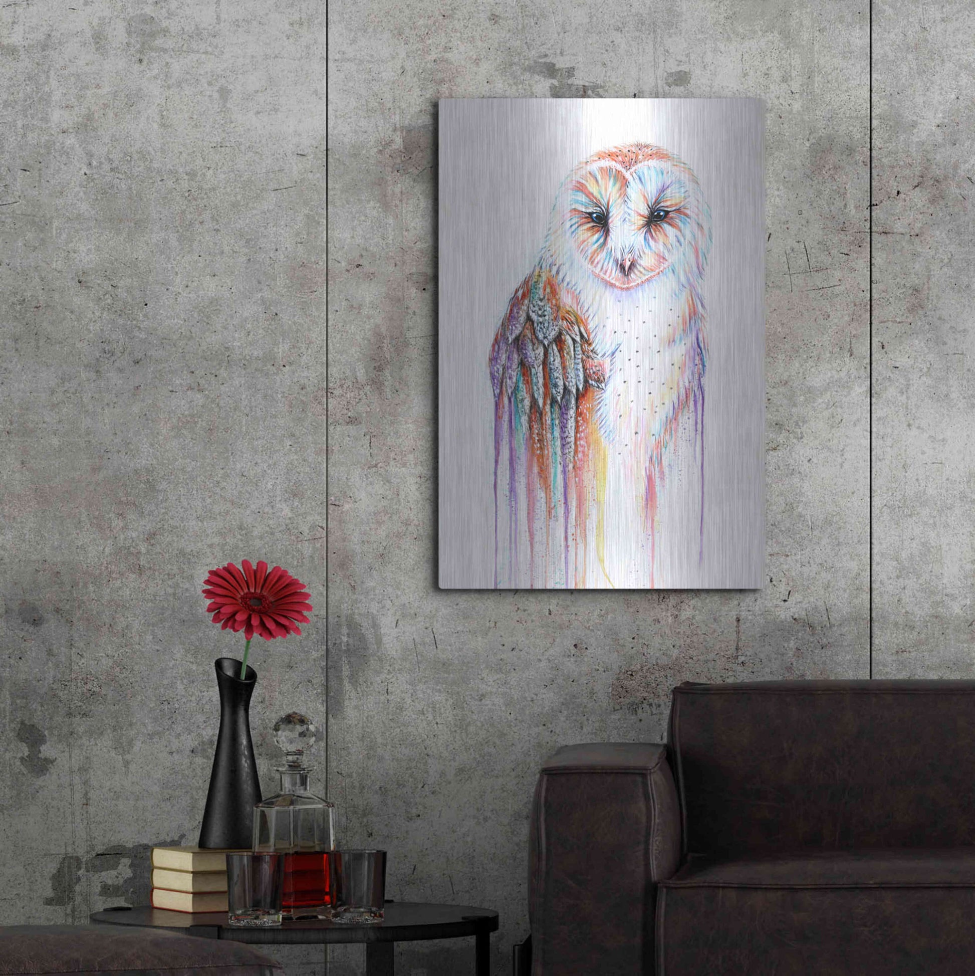 Luxe Metal Art 'Barred Rainbow Owl' by Michelle Faber, Metal Wall Art,24x36