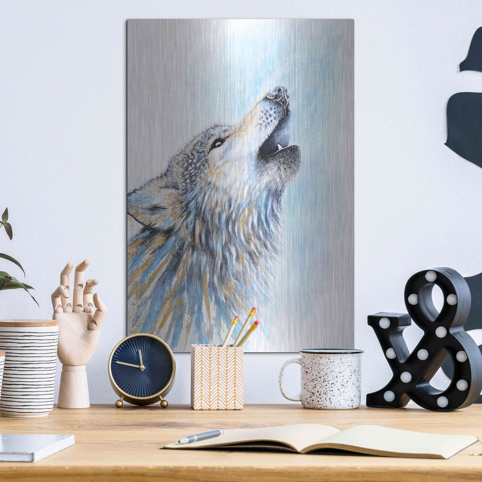 Luxe Metal Art 'Howling Wolf' by Michelle Faber, Metal Wall Art,12x16