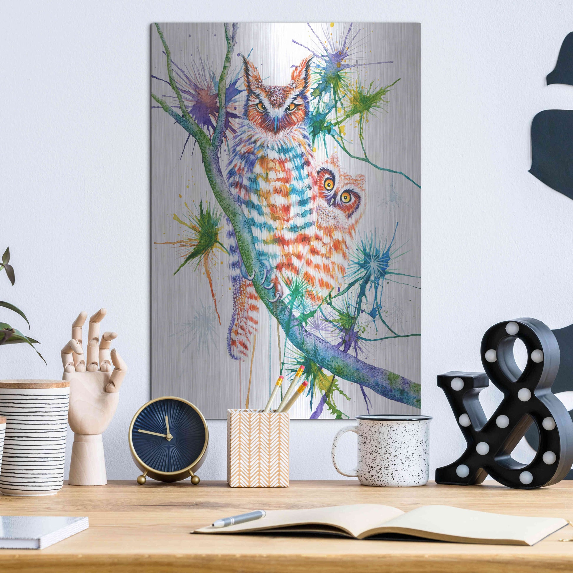 Luxe Metal Art 'Momma and Baby Owl' by Michelle Faber, Metal Wall Art,12x16