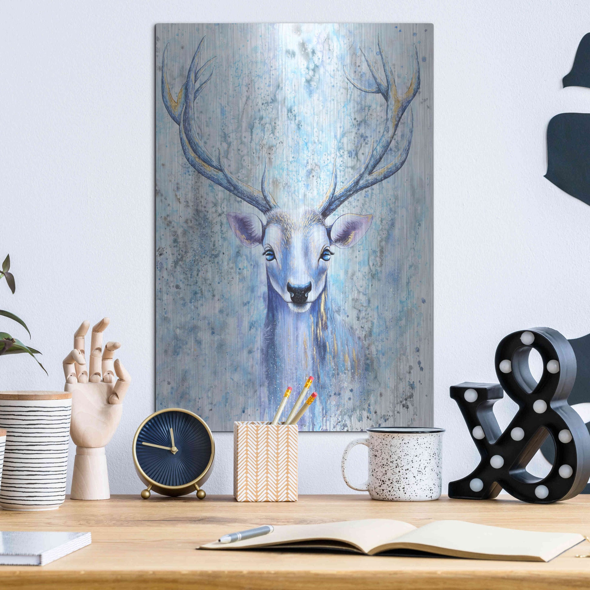 Luxe Metal Art 'Blue Spirit Deer' by Michelle Faber, Metal Wall Art,12x16