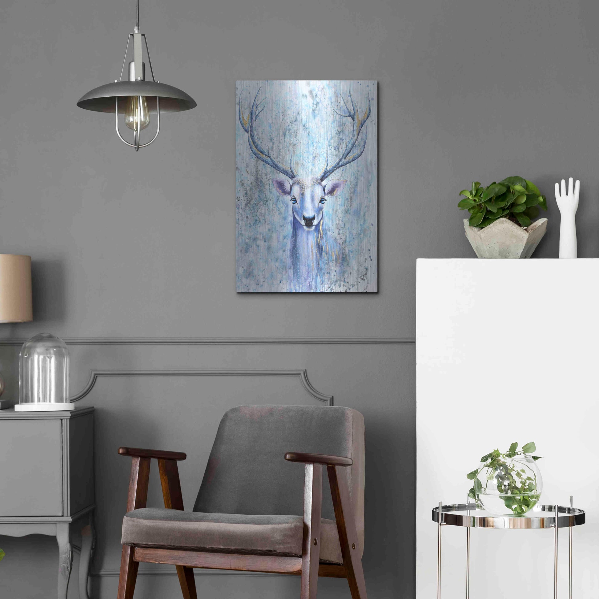 Luxe Metal Art 'Blue Spirit Deer' by Michelle Faber, Metal Wall Art,16x24