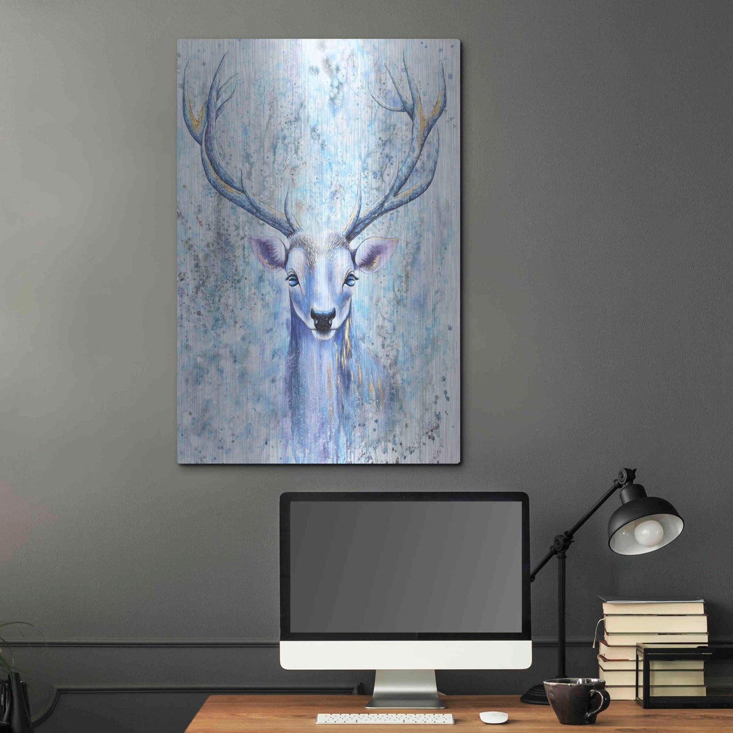 Luxe Metal Art 'Blue Spirit Deer' by Michelle Faber, Metal Wall Art,24x36