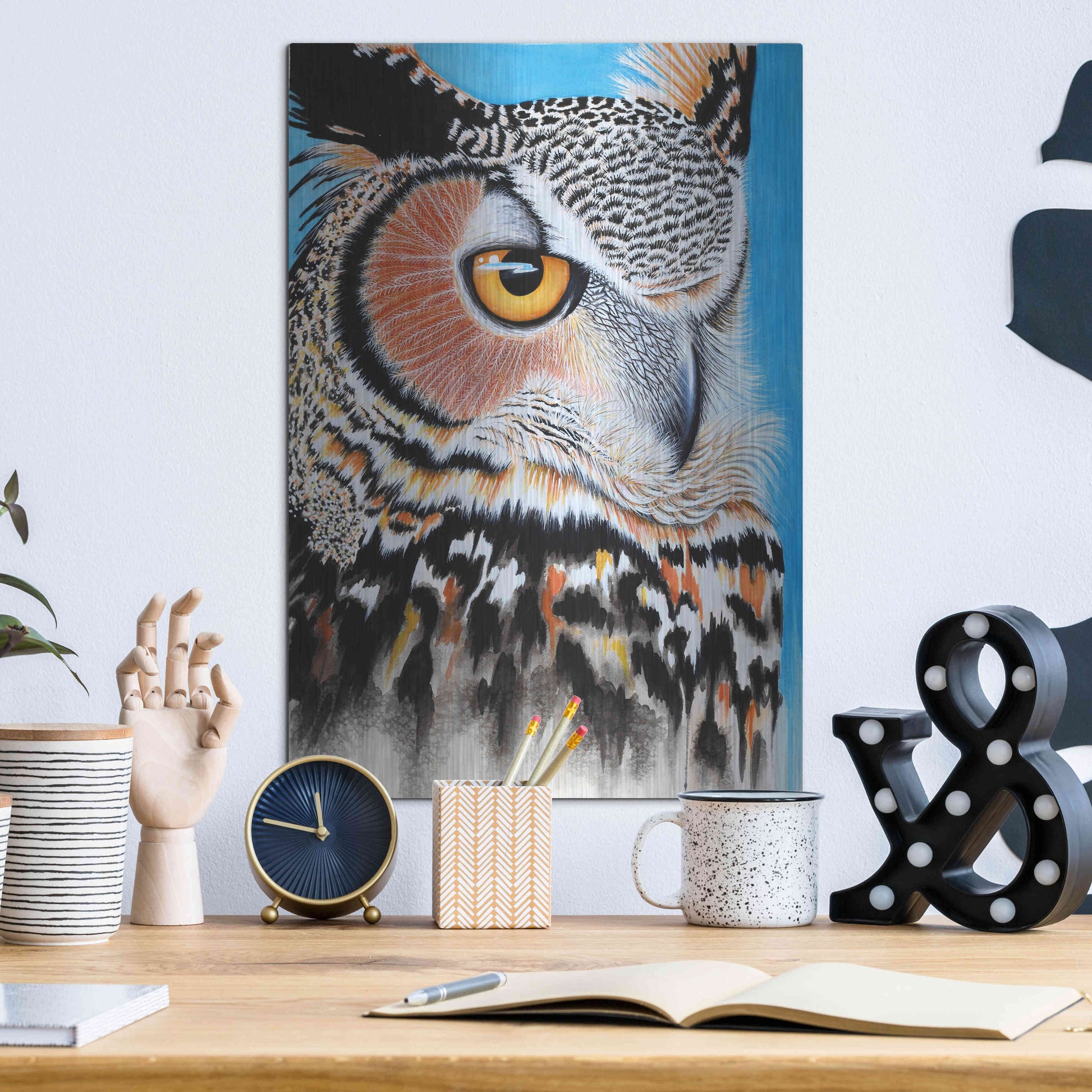Luxe Metal Art 'Great Horned Owl Eye' by Michelle Faber, Metal Wall Art,12x16