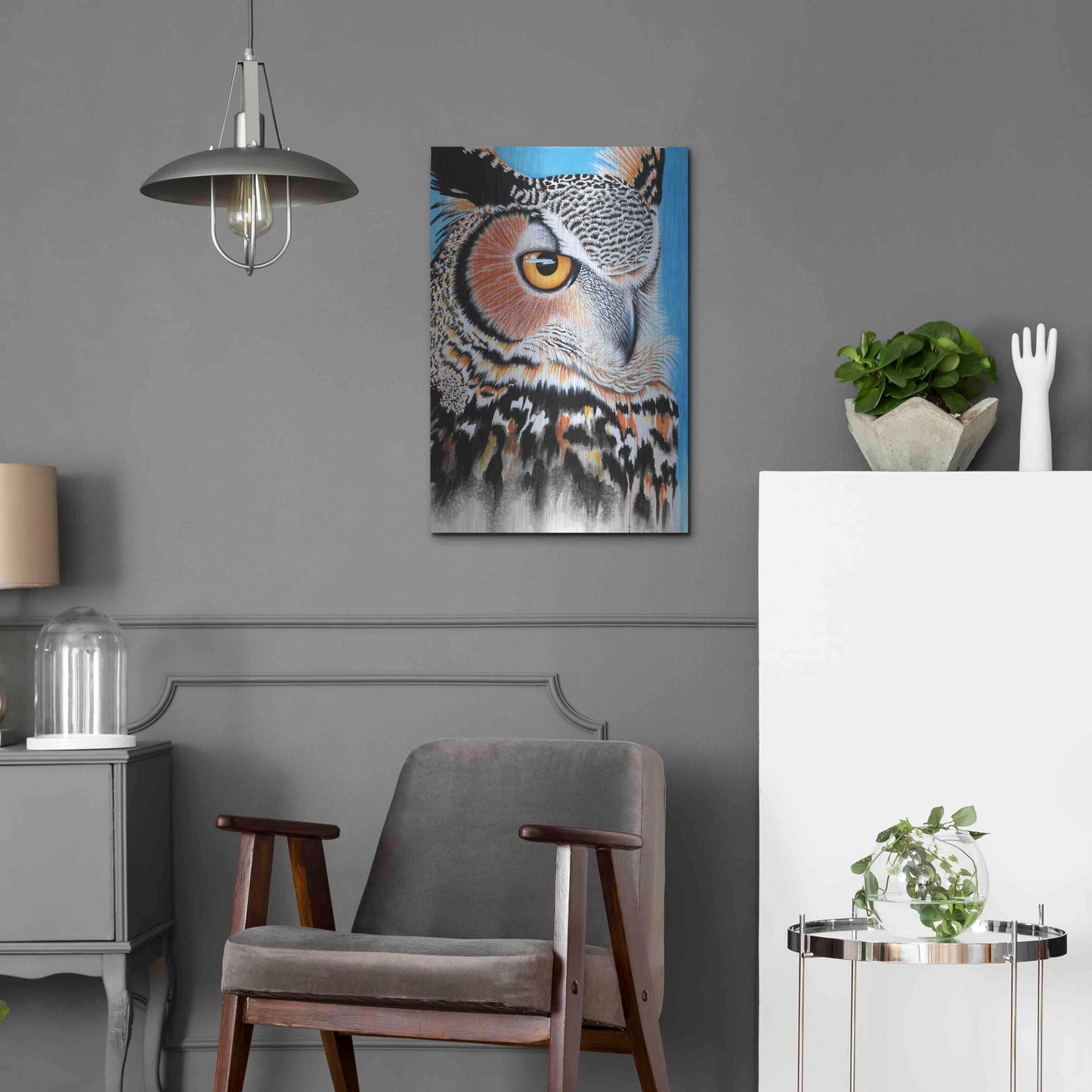 Luxe Metal Art 'Great Horned Owl Eye' by Michelle Faber, Metal Wall Art,16x24