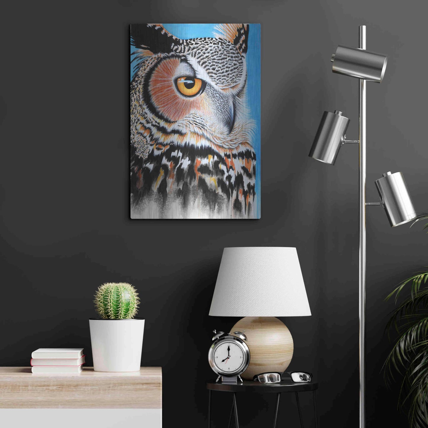 Luxe Metal Art 'Great Horned Owl Eye' by Michelle Faber, Metal Wall Art,16x24