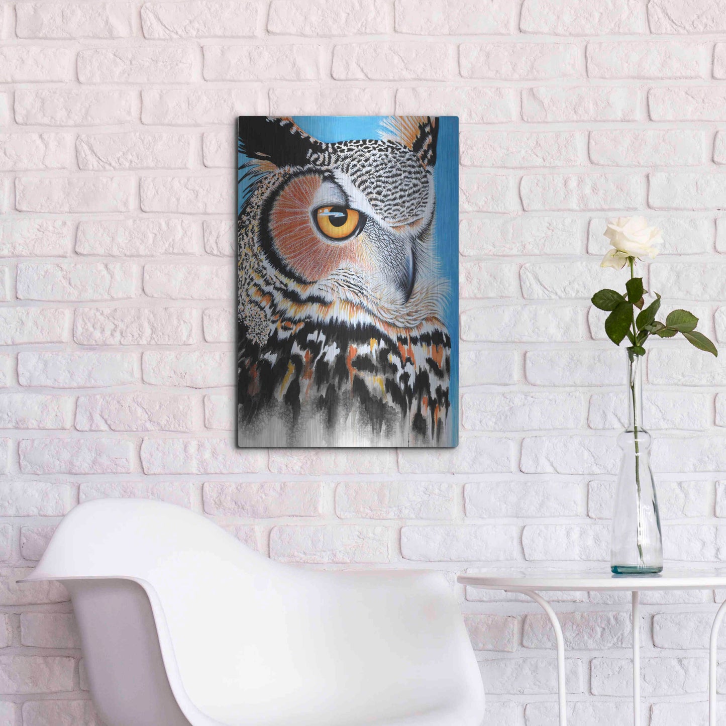 Luxe Metal Art 'Great Horned Owl Eye' by Michelle Faber, Metal Wall Art,16x24