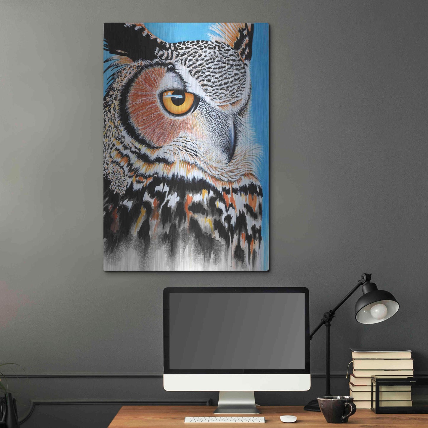 Luxe Metal Art 'Great Horned Owl Eye' by Michelle Faber, Metal Wall Art,24x36