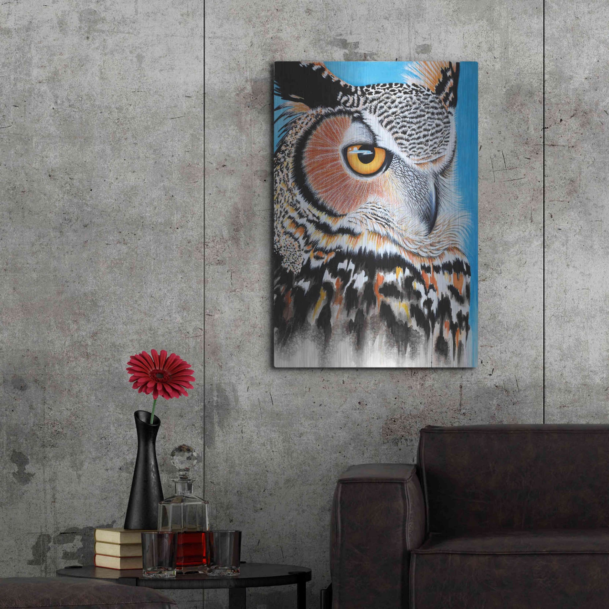 Luxe Metal Art 'Great Horned Owl Eye' by Michelle Faber, Metal Wall Art,24x36