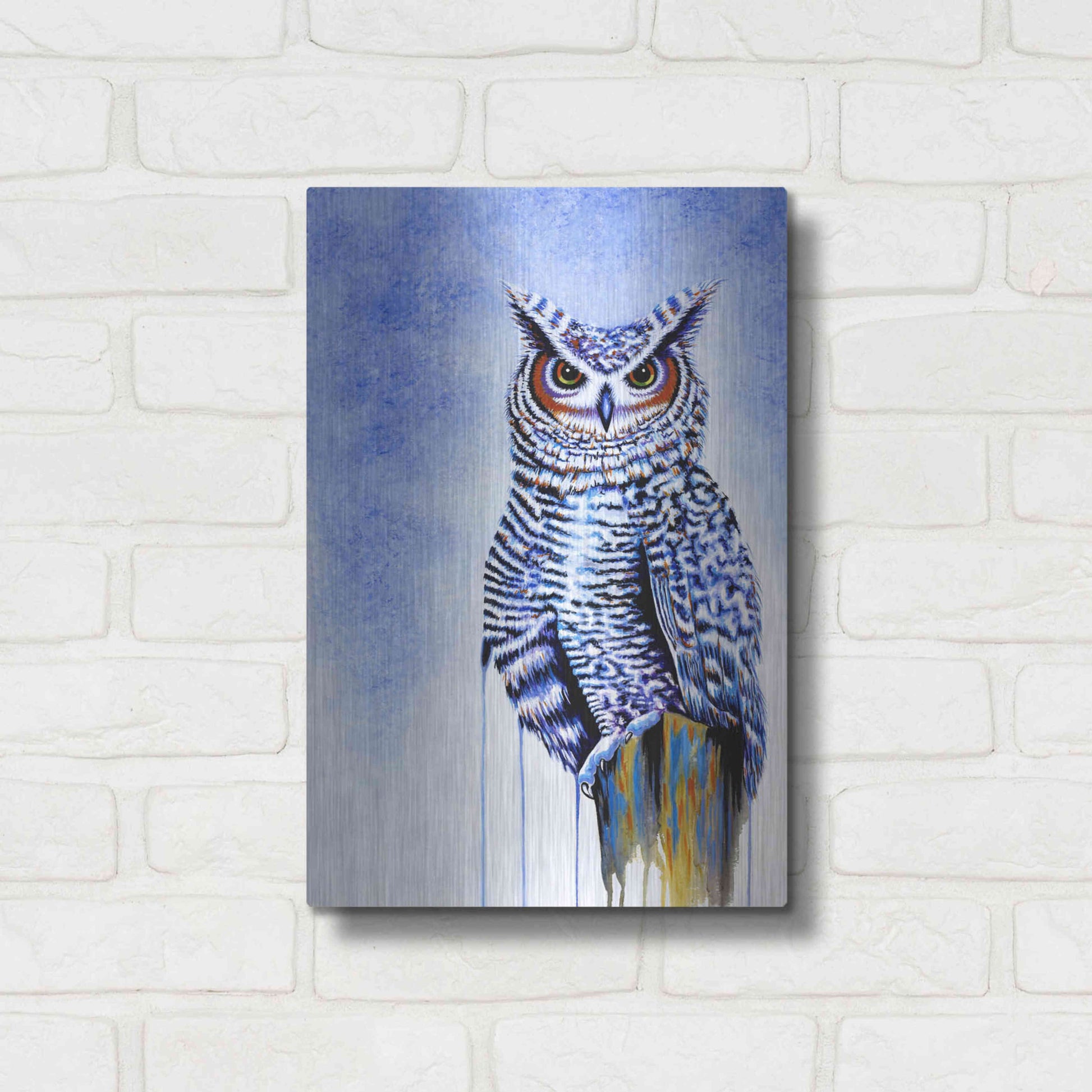 Luxe Metal Art 'Great Horned Owl In Blue' by Michelle Faber, Metal Wall Art,12x16