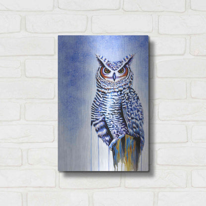 Luxe Metal Art 'Great Horned Owl In Blue' by Michelle Faber, Metal Wall Art,12x16