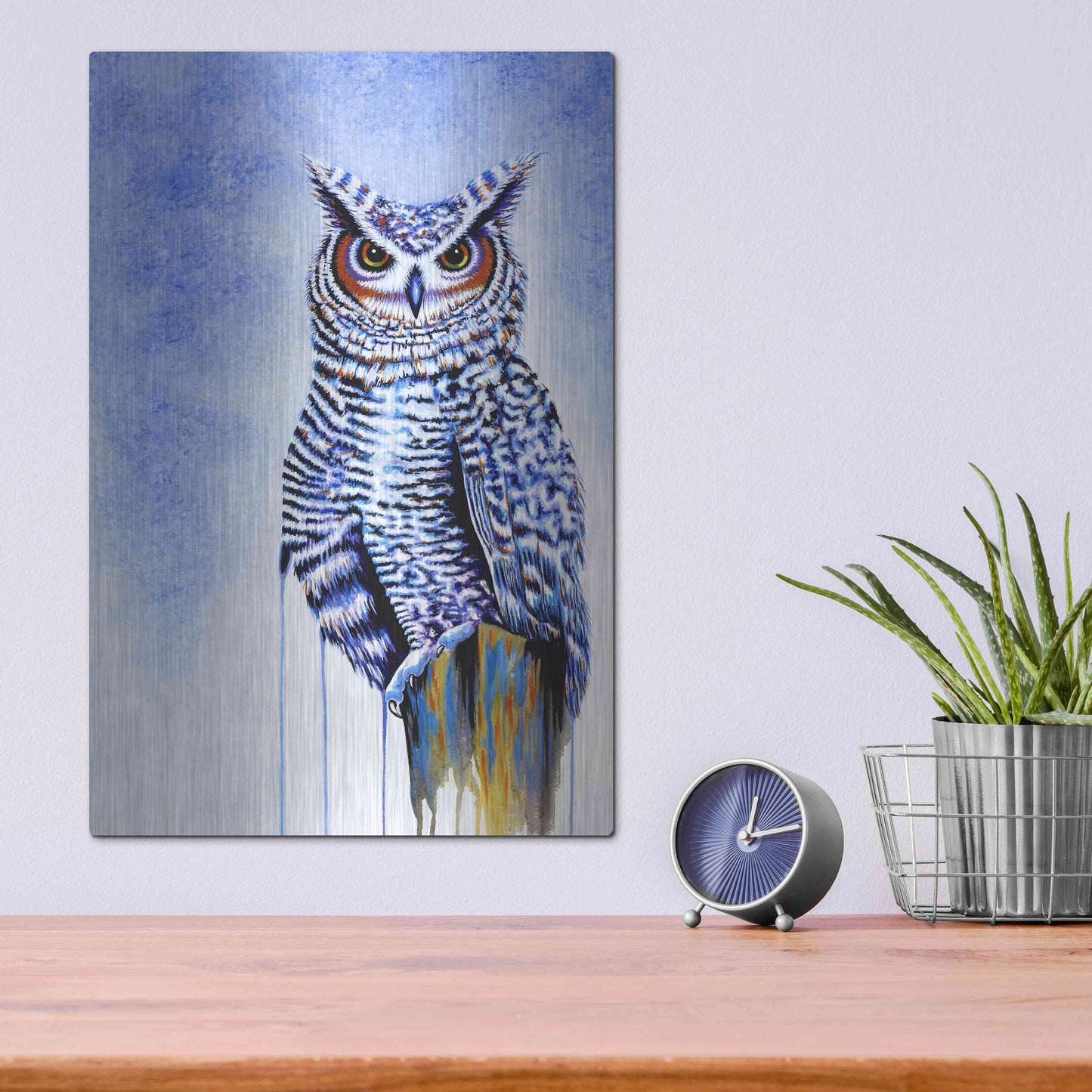 Luxe Metal Art 'Great Horned Owl In Blue' by Michelle Faber, Metal Wall Art,12x16