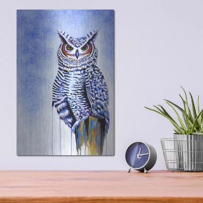 Luxe Metal Art 'Great Horned Owl In Blue' by Michelle Faber, Metal Wall Art,12x16