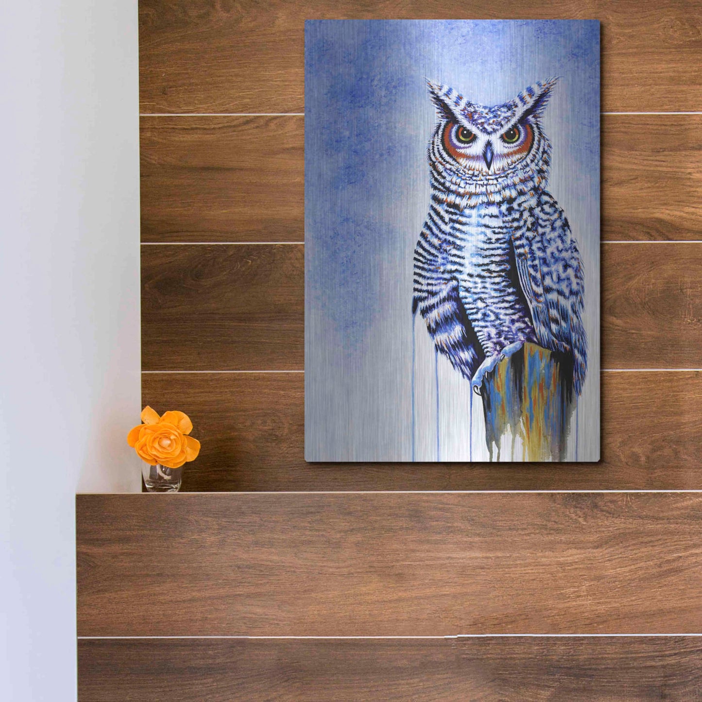 Luxe Metal Art 'Great Horned Owl In Blue' by Michelle Faber, Metal Wall Art,12x16