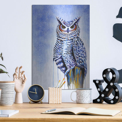 Luxe Metal Art 'Great Horned Owl In Blue' by Michelle Faber, Metal Wall Art,12x16