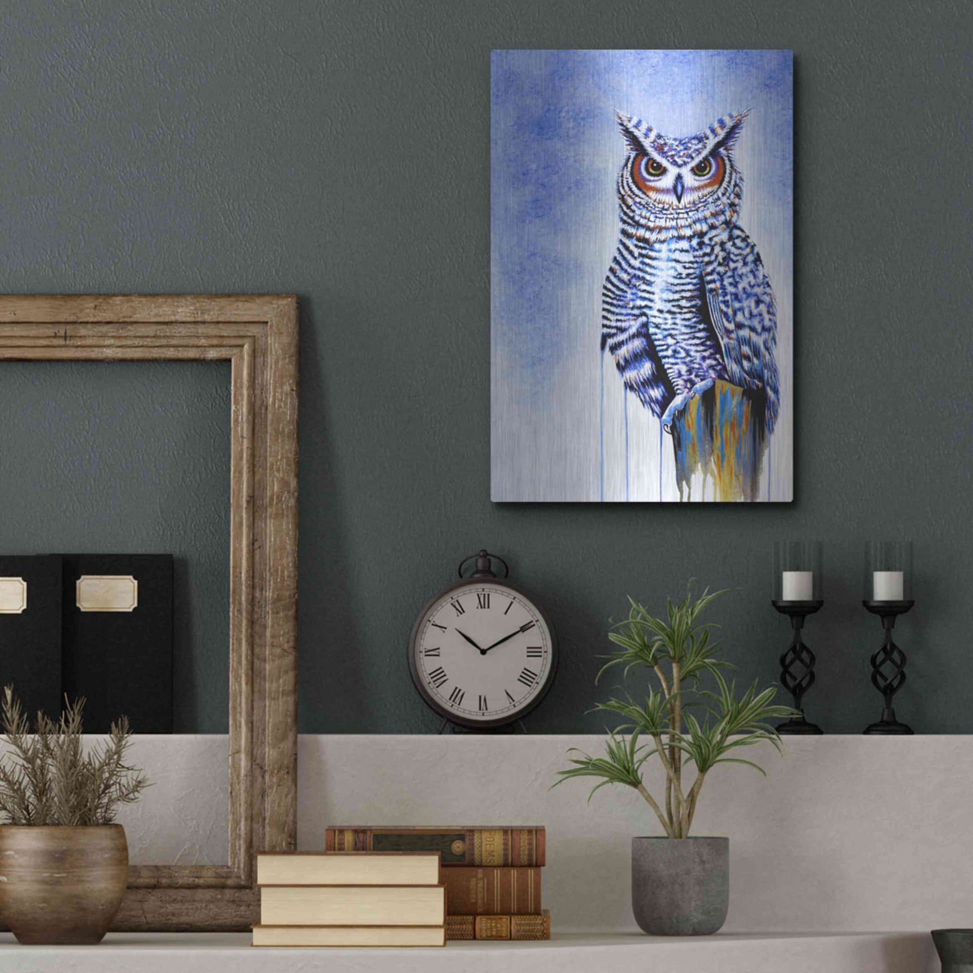 Luxe Metal Art 'Great Horned Owl In Blue' by Michelle Faber, Metal Wall Art,12x16