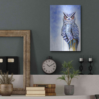 Luxe Metal Art 'Great Horned Owl In Blue' by Michelle Faber, Metal Wall Art,12x16