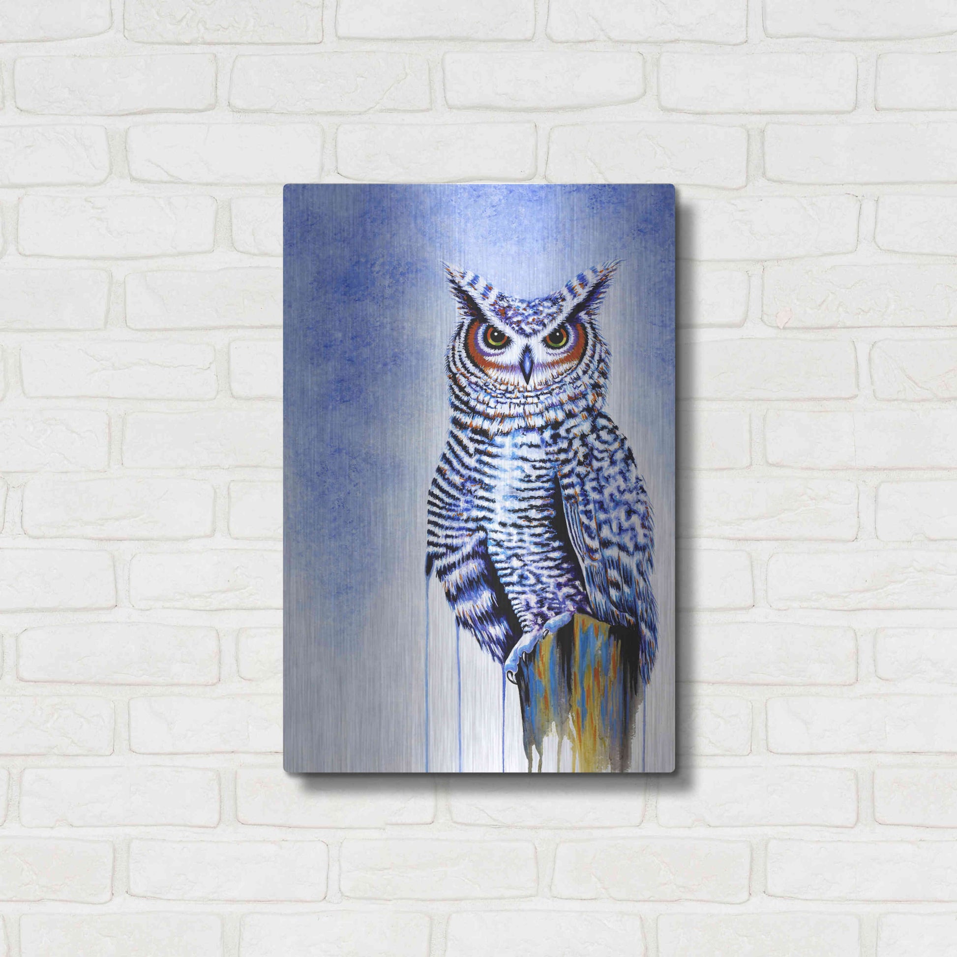 Luxe Metal Art 'Great Horned Owl In Blue' by Michelle Faber, Metal Wall Art,16x24
