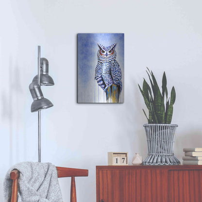 Luxe Metal Art 'Great Horned Owl In Blue' by Michelle Faber, Metal Wall Art,16x24