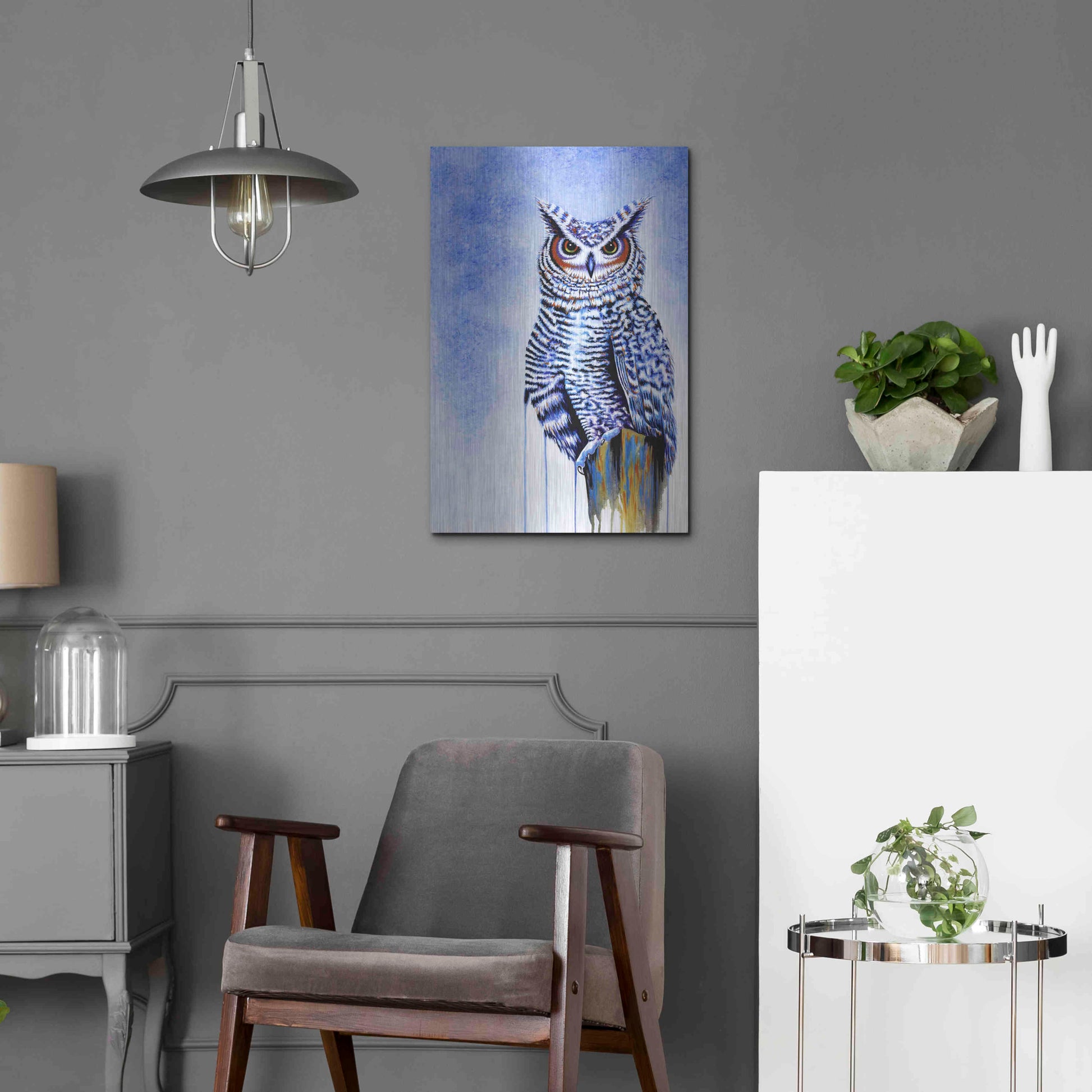 Luxe Metal Art 'Great Horned Owl In Blue' by Michelle Faber, Metal Wall Art,16x24