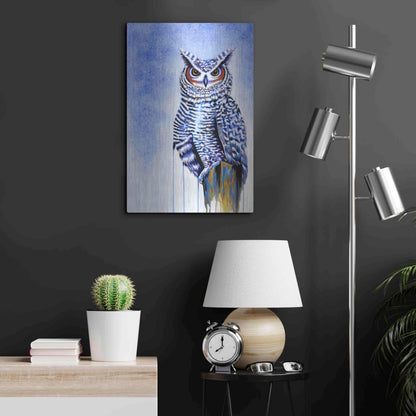 Luxe Metal Art 'Great Horned Owl In Blue' by Michelle Faber, Metal Wall Art,16x24