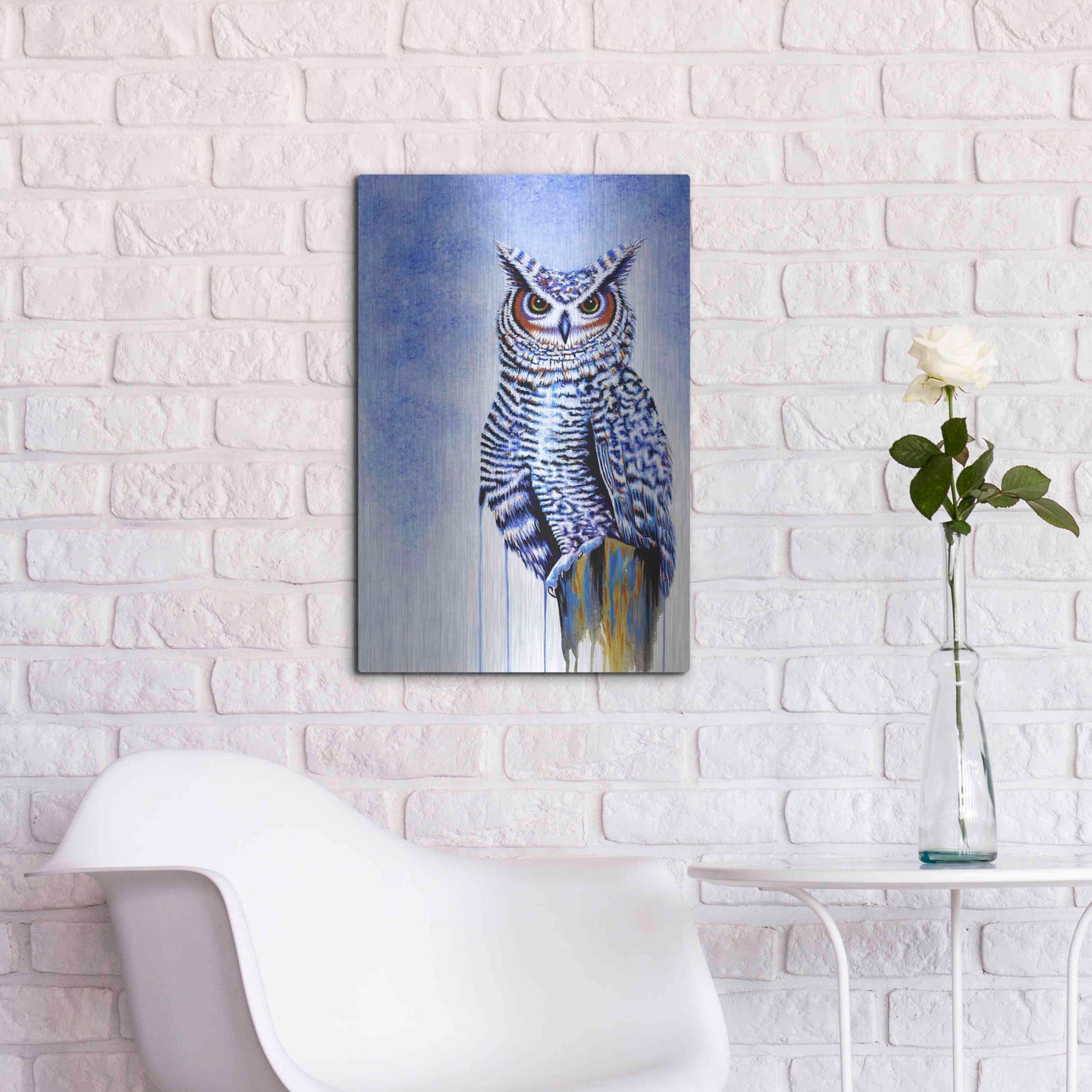 Luxe Metal Art 'Great Horned Owl In Blue' by Michelle Faber, Metal Wall Art,16x24