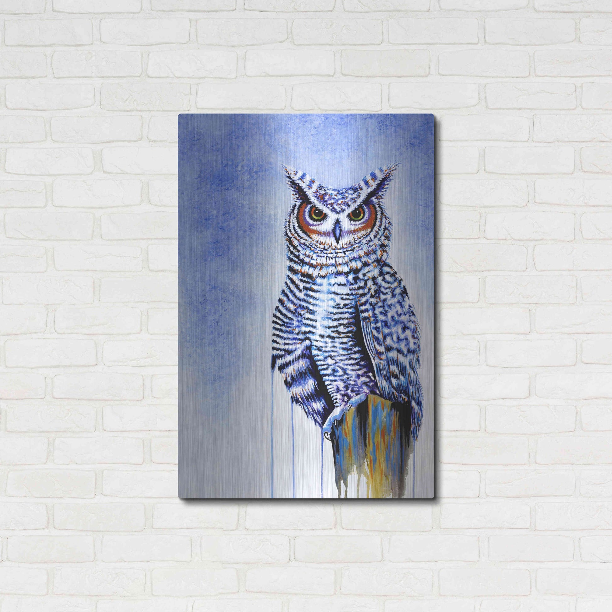 Luxe Metal Art 'Great Horned Owl In Blue' by Michelle Faber, Metal Wall Art,24x36