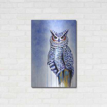 Luxe Metal Art 'Great Horned Owl In Blue' by Michelle Faber, Metal Wall Art,24x36