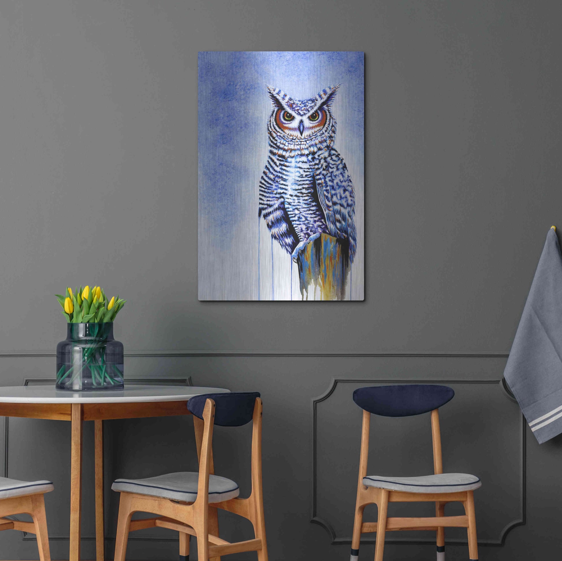 Luxe Metal Art 'Great Horned Owl In Blue' by Michelle Faber, Metal Wall Art,24x36