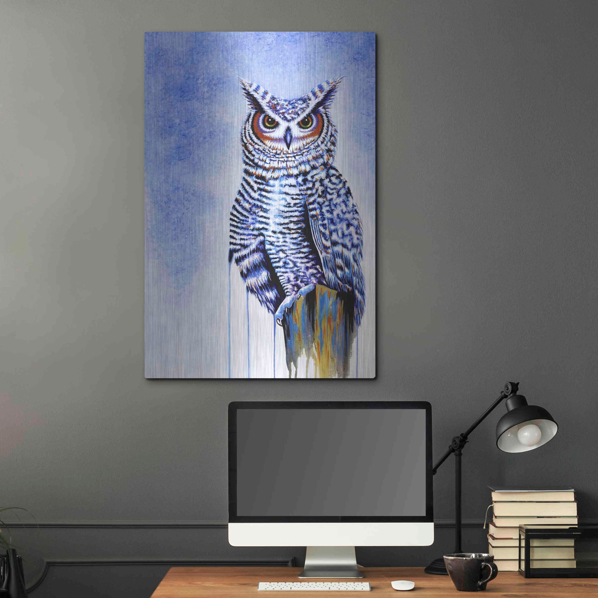 Luxe Metal Art 'Great Horned Owl In Blue' by Michelle Faber, Metal Wall Art,24x36