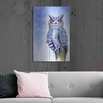 Luxe Metal Art 'Great Horned Owl In Blue' by Michelle Faber, Metal Wall Art,24x36