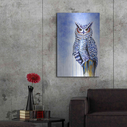 Luxe Metal Art 'Great Horned Owl In Blue' by Michelle Faber, Metal Wall Art,24x36
