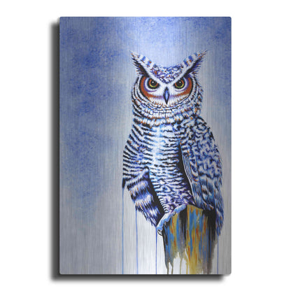 Luxe Metal Art 'Great Horned Owl In Blue' by Michelle Faber, Metal Wall Art