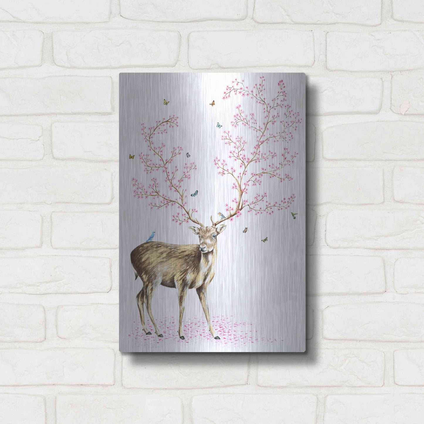 Luxe Metal Art 'Cherry Blossom Deer' by Michelle Faber, Metal Wall Art,12x16