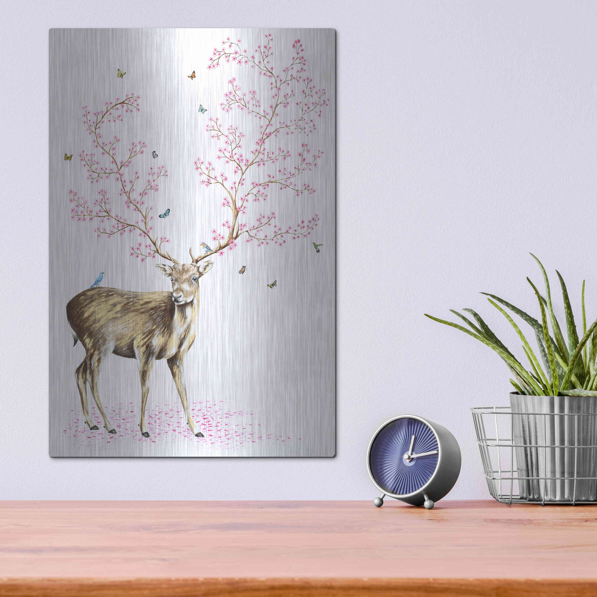 Luxe Metal Art 'Cherry Blossom Deer' by Michelle Faber, Metal Wall Art,12x16