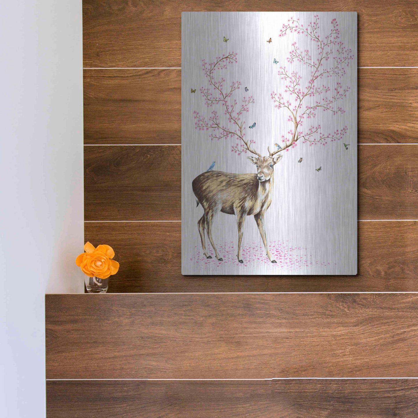 Luxe Metal Art 'Cherry Blossom Deer' by Michelle Faber, Metal Wall Art,12x16