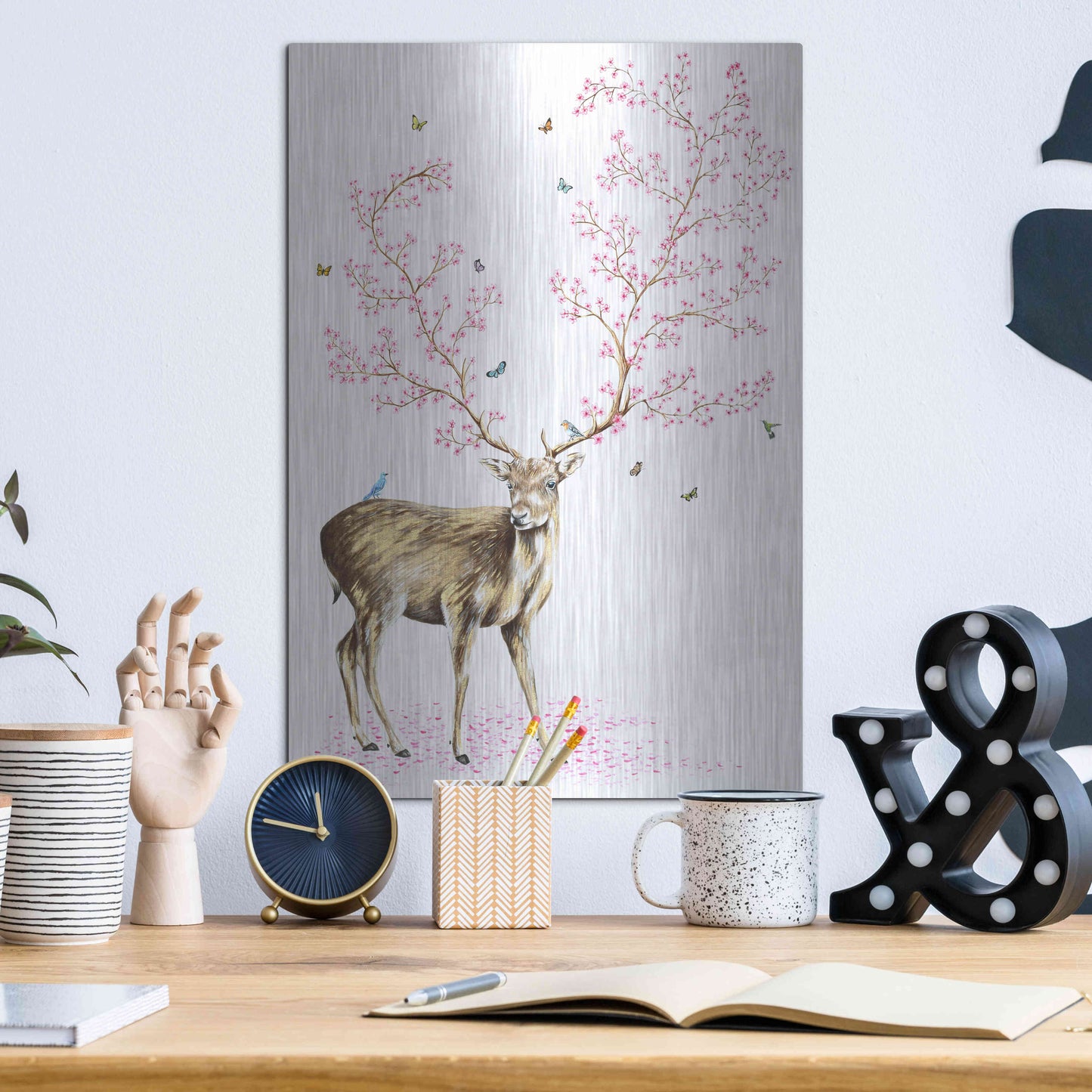 Luxe Metal Art 'Cherry Blossom Deer' by Michelle Faber, Metal Wall Art,12x16