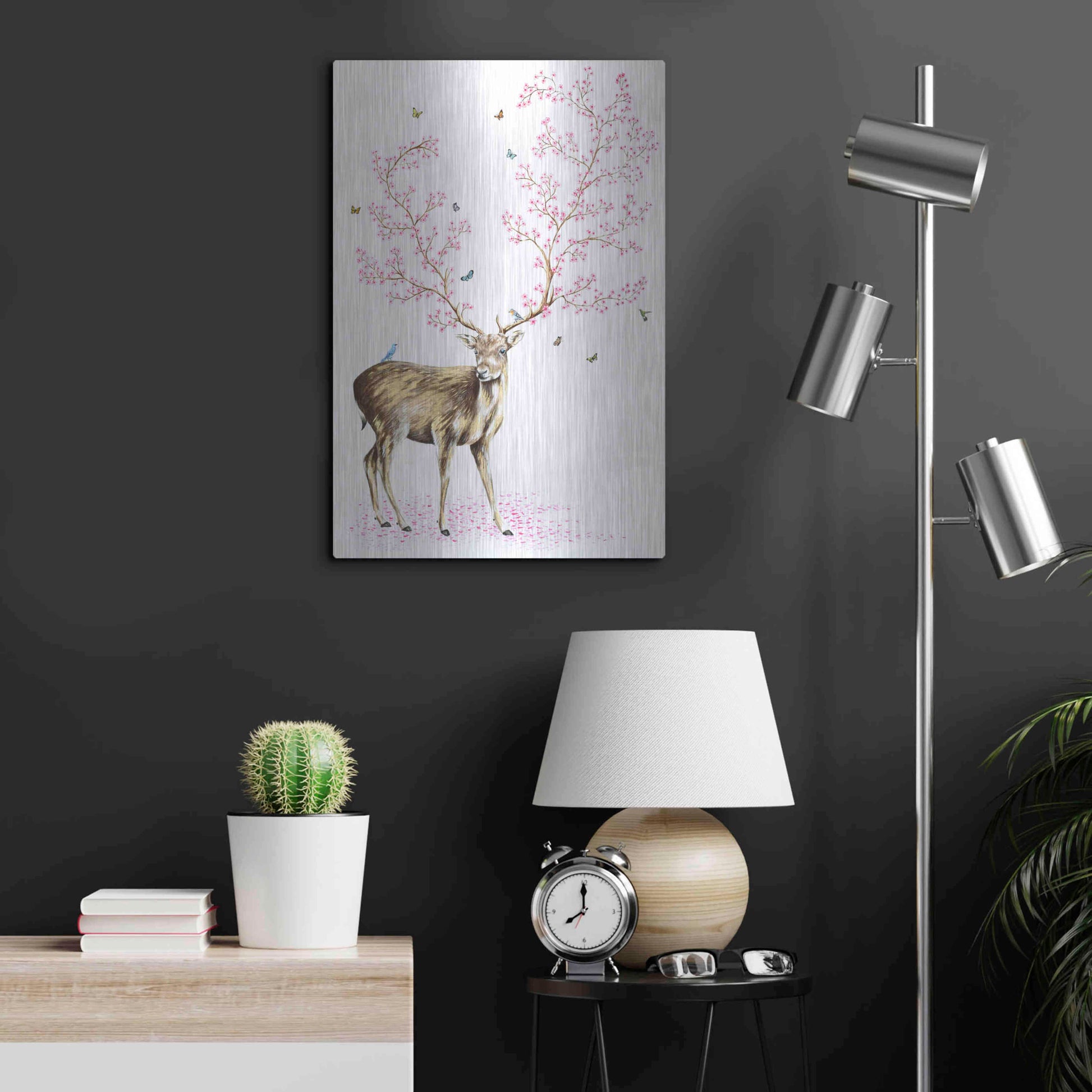 Luxe Metal Art 'Cherry Blossom Deer' by Michelle Faber, Metal Wall Art,16x24